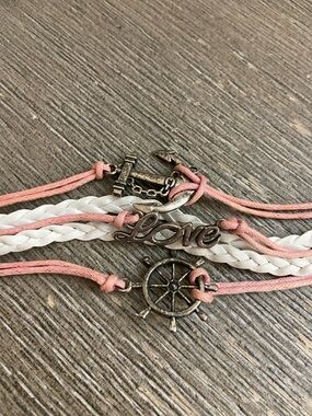 5/$10❤️❤️❤️Pink and White 'Love' Anchor & Wheel Layered Bracelet